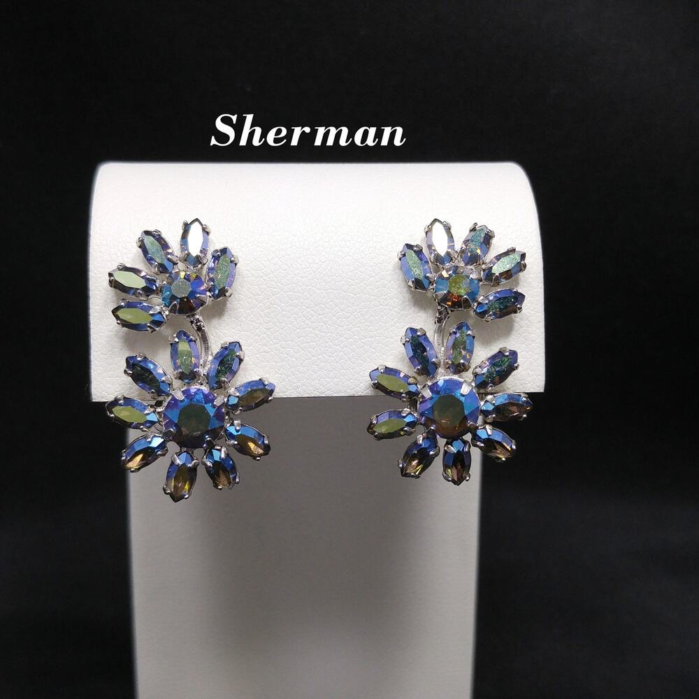 Sherman Blue Rhinestone Floral Earrings, Aurora Borealis, 1960s Vintage Jewelry